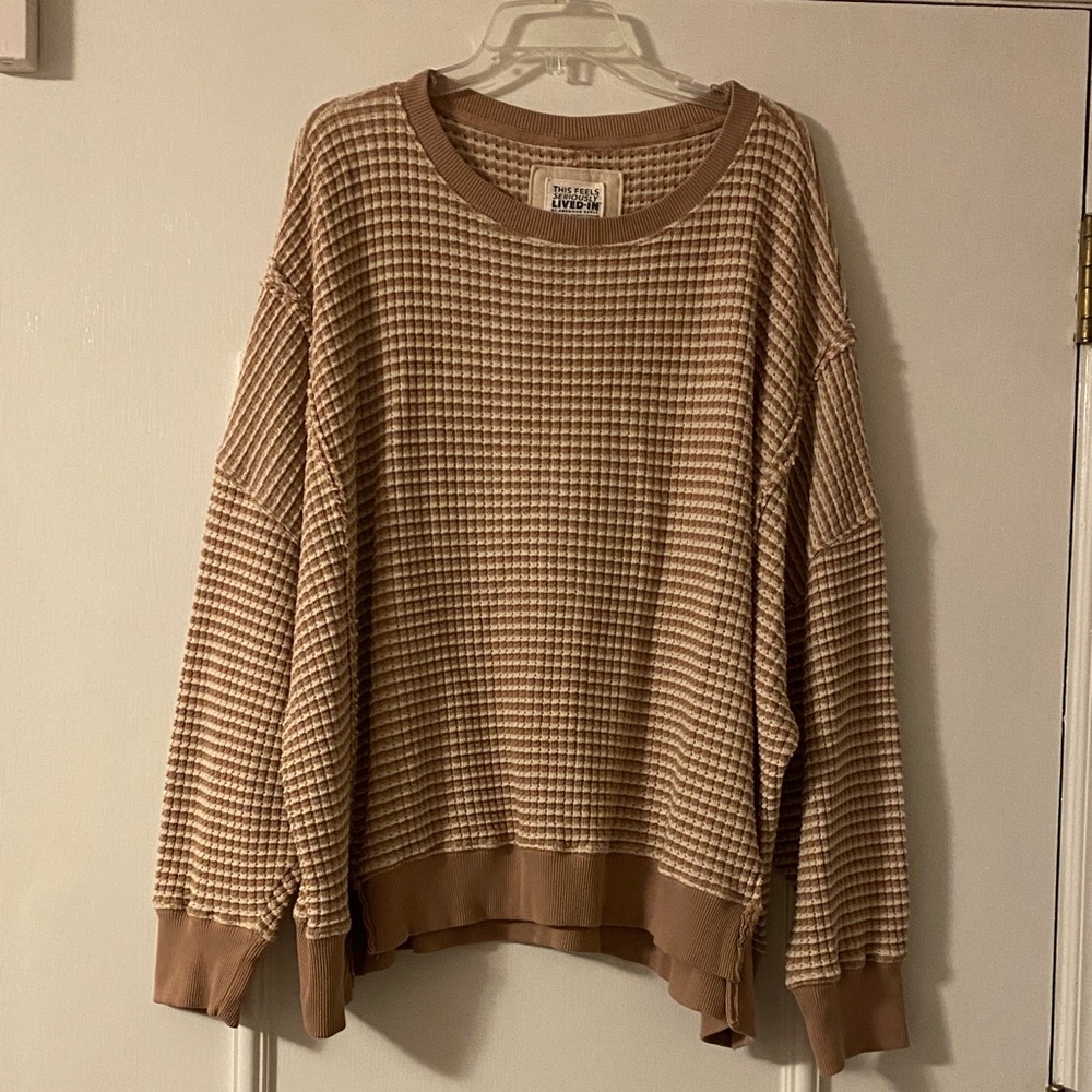 American Eagle woven stripe/check Crewneck Sweater.